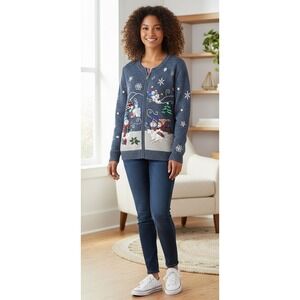 Vtg Studio Joy Christmas Cardigan Sweater Women's XL Snowman Holiday‎ Embellish